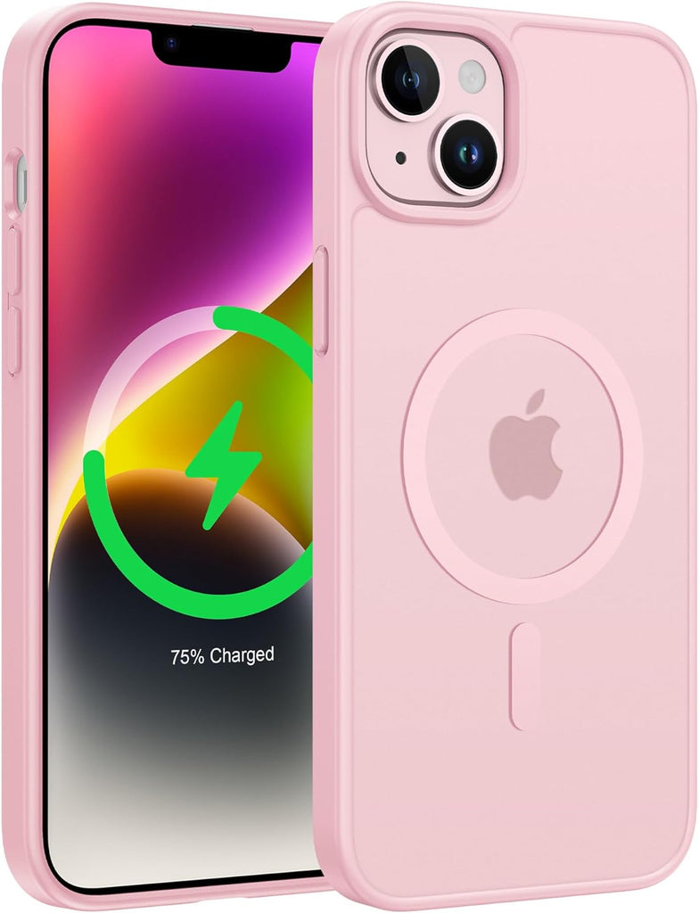 FNTCASE for iPhone 15 Case: for iPhone 14 & iPhone 13 Case | Magnetic Frosted Translucent Slim Shockproof Cell Phone Cover | Military Grade Protection Drop Proof Tough Protective Cases-LightPink 6.1”