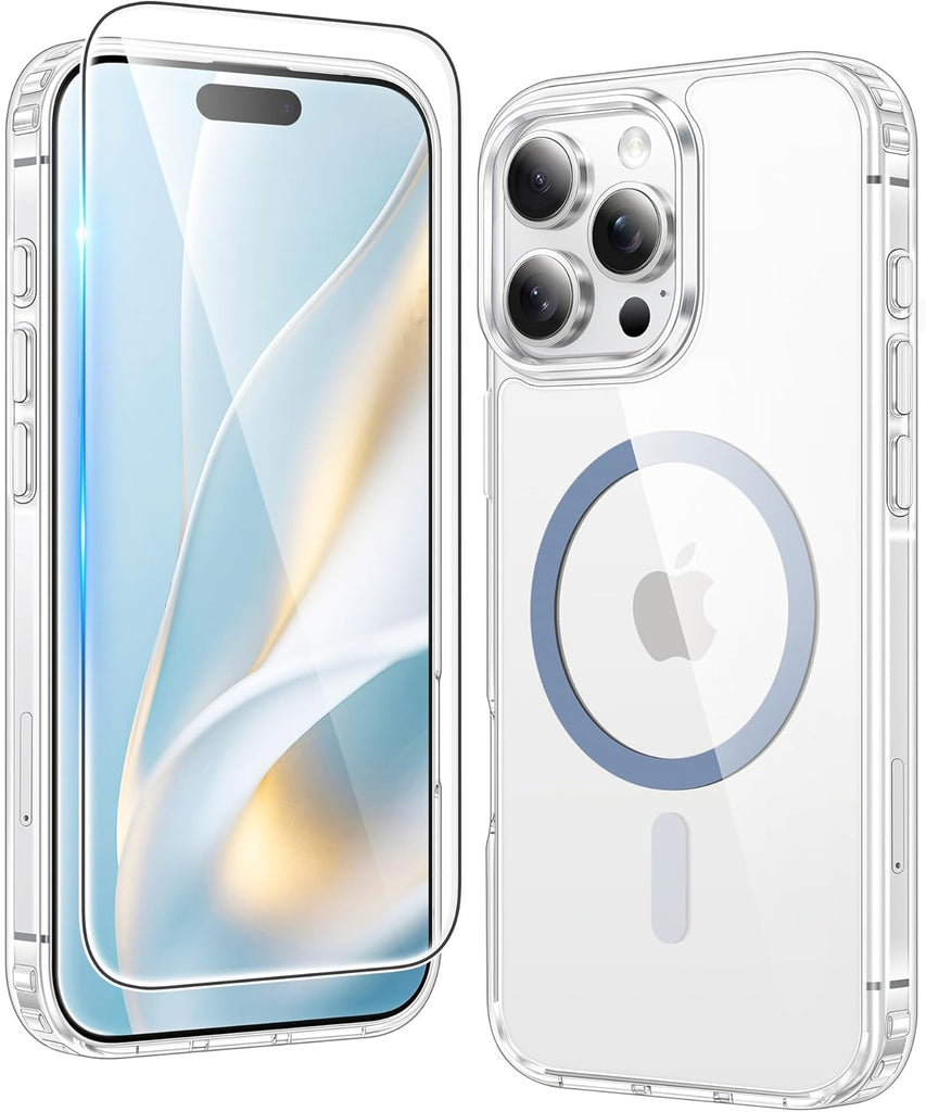 FNTCASE for iPhone 15 Case Clear: iPhone 14/13 Case Magnetic Phone Cases with Screen Protector Compatible with Magsafe Slim Anti Yellowing Rugged Protective Transparent Cell Cover (A-Clear)