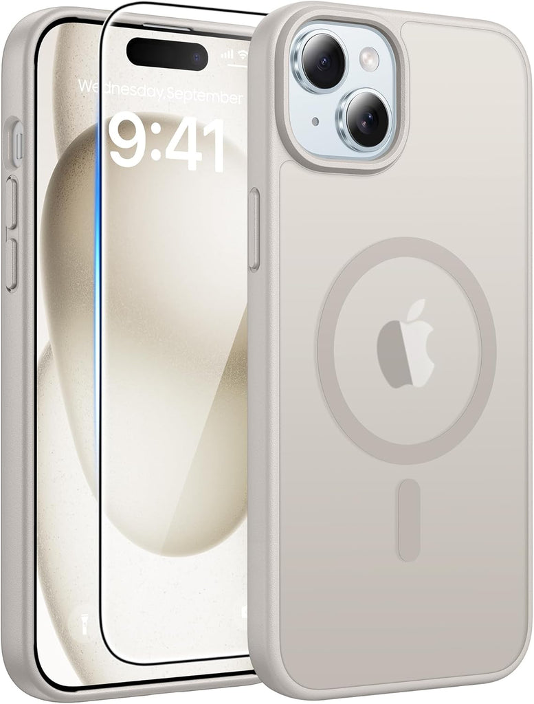 FNTCASE for iPhone 15 Case: for iPhone 14 & iPhone 13 Case | Magnetic Frosted Translucent Slim Shockproof Cell Phone Cover | Military Grade Protection Drop Proof Tough Protective Cases-LightPink 6.1”