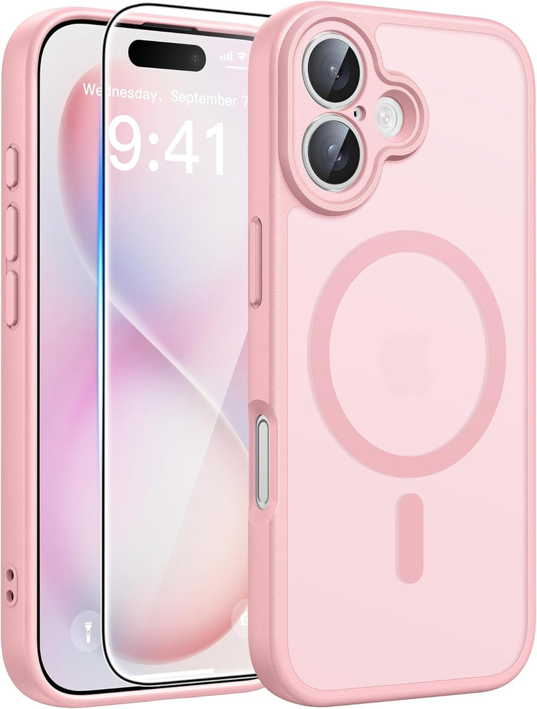 FNTCASE for iPhone 15 Case: for iPhone 14 & iPhone 13 Case | Magnetic Frosted Translucent Slim Shockproof Cell Phone Cover | Military Grade Protection Drop Proof Tough Protective Cases-LightPink 6.1”