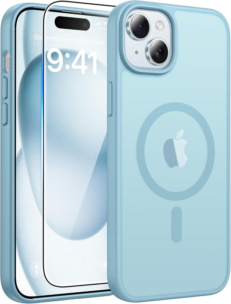 FNTCASE for iPhone 15 Case: for iPhone 14 & iPhone 13 Case | Magnetic Frosted Translucent Slim Shockproof Cell Phone Cover | Military Grade Protection Drop Proof Tough Protective Cases-LightPink 6.1”