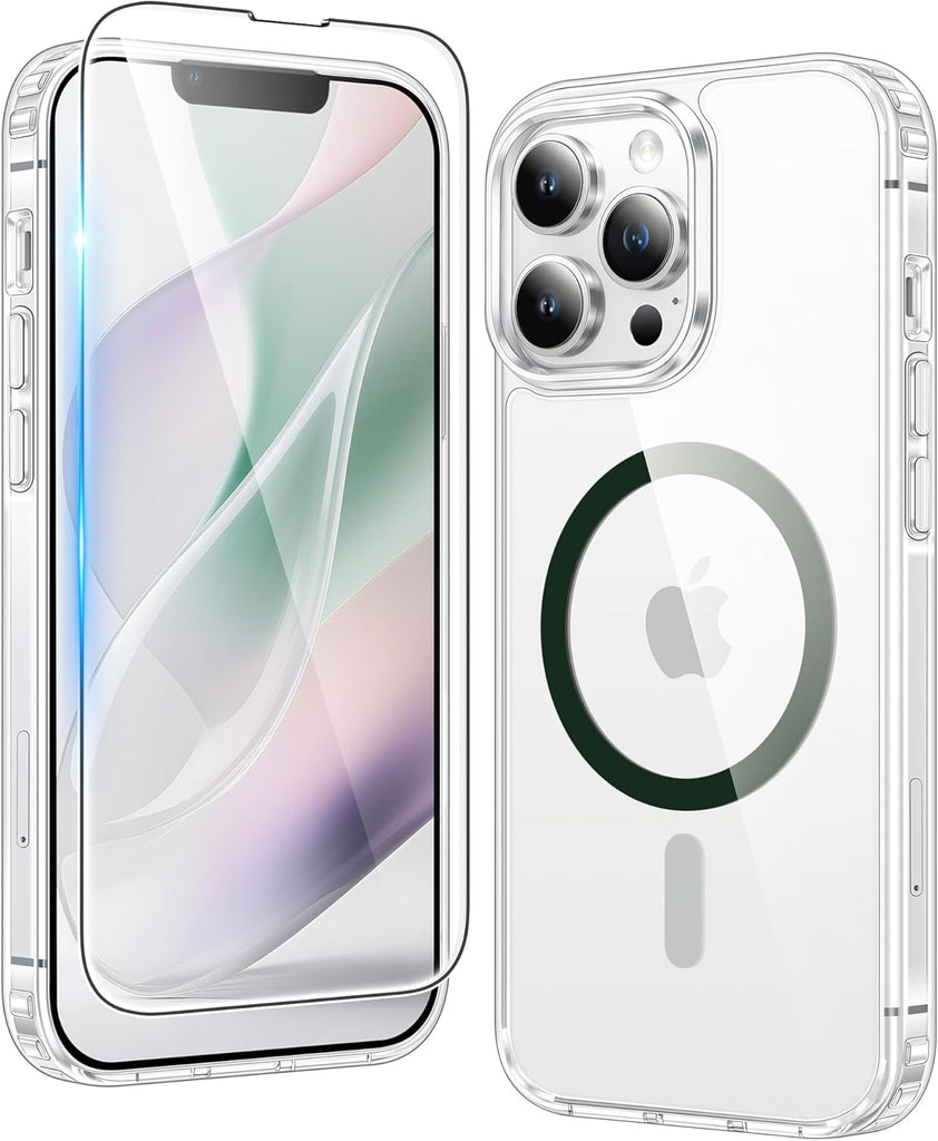 FNTCASE for iPhone 15 Case Clear: iPhone 14/13 Case Magnetic Phone Cases with Screen Protector Compatible with Magsafe Slim Anti Yellowing Rugged Protective Transparent Cell Cover (A-Clear)