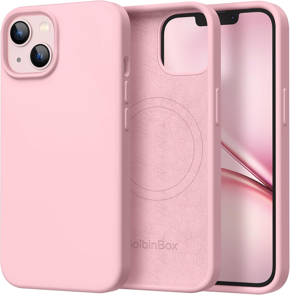 GolbinBox Magnetic for iPhone 13 Case & iPhone 14 Case, Compatible with MagSafe, [Soft Anti-Scratch Microfiber Lining], Slim Liquid Silicone Shockproof Protective Phone Case 6.1 inch, Chalk Pink