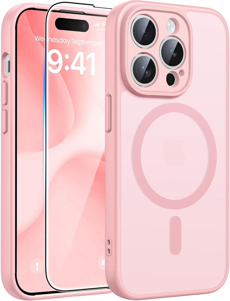 FNTCASE for iPhone 15 Case: for iPhone 14 & iPhone 13 Case | Magnetic Frosted Translucent Slim Shockproof Cell Phone Cover | Military Grade Protection Drop Proof Tough Protective Cases-LightPink 6.1”
