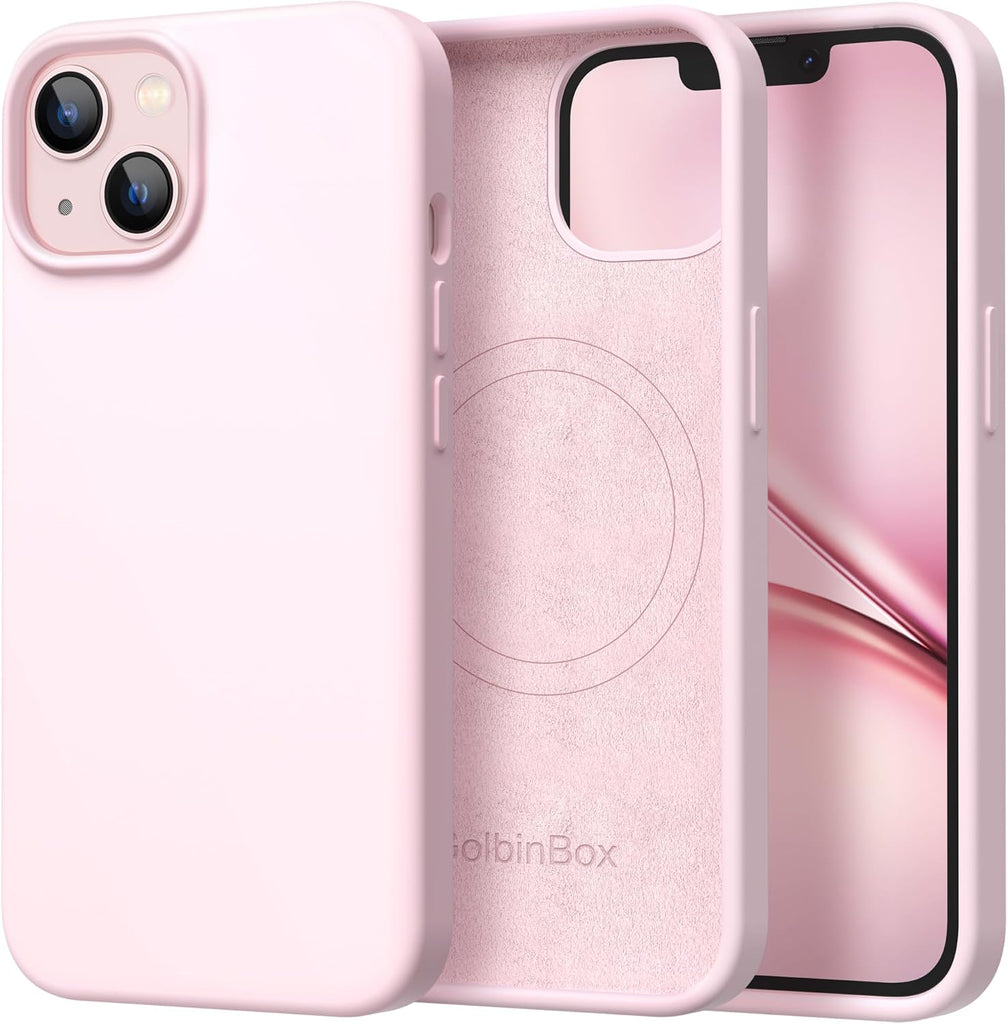 GolbinBox Magnetic for iPhone 13 Case & iPhone 14 Case, Compatible with MagSafe, [Soft Anti-Scratch Microfiber Lining], Slim Liquid Silicone Shockproof Protective Phone Case 6.1 inch, Chalk Pink