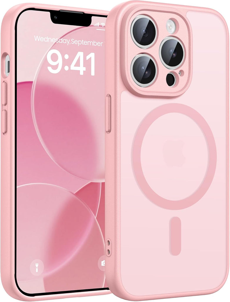 FNTCASE for iPhone 15 Case: for iPhone 14 & iPhone 13 Case | Magnetic Frosted Translucent Slim Shockproof Cell Phone Cover | Military Grade Protection Drop Proof Tough Protective Cases-LightPink 6.1”