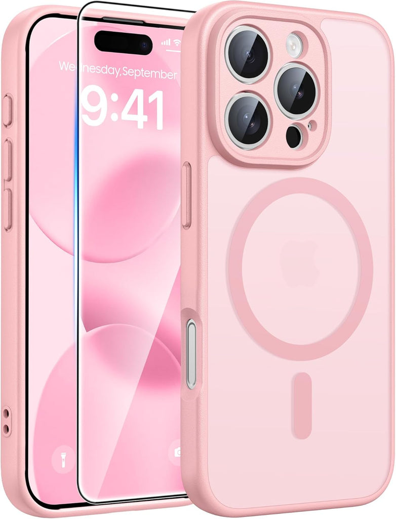 FNTCASE for iPhone 15 Case: for iPhone 14 & iPhone 13 Case | Magnetic Frosted Translucent Slim Shockproof Cell Phone Cover | Military Grade Protection Drop Proof Tough Protective Cases-LightPink 6.1”