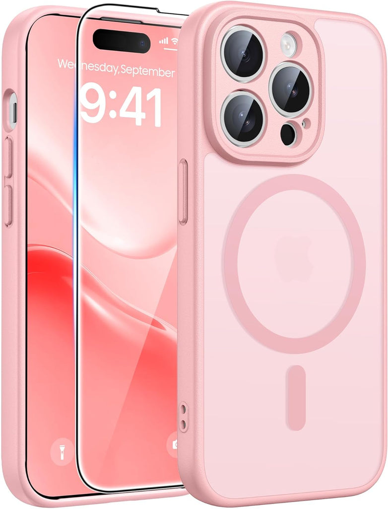 FNTCASE for iPhone 15 Case: for iPhone 14 & iPhone 13 Case | Magnetic Frosted Translucent Slim Shockproof Cell Phone Cover | Military Grade Protection Drop Proof Tough Protective Cases-LightPink 6.1”