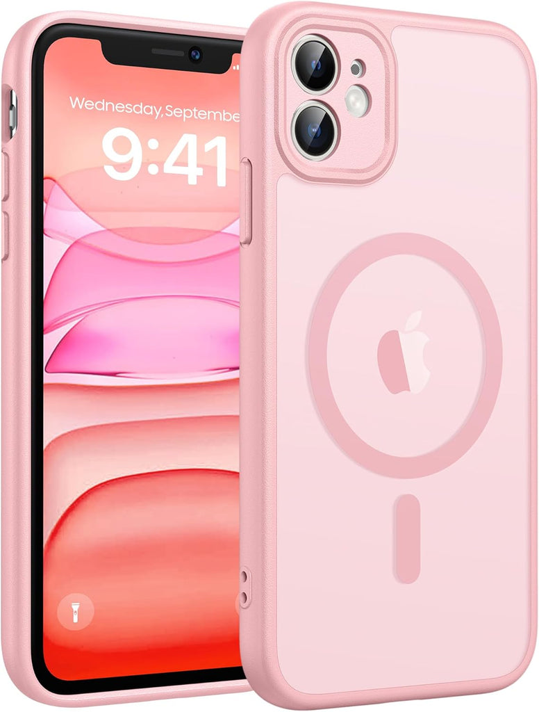 FNTCASE for iPhone 15 Case: for iPhone 14 & iPhone 13 Case | Magnetic Frosted Translucent Slim Shockproof Cell Phone Cover | Military Grade Protection Drop Proof Tough Protective Cases-LightPink 6.1”