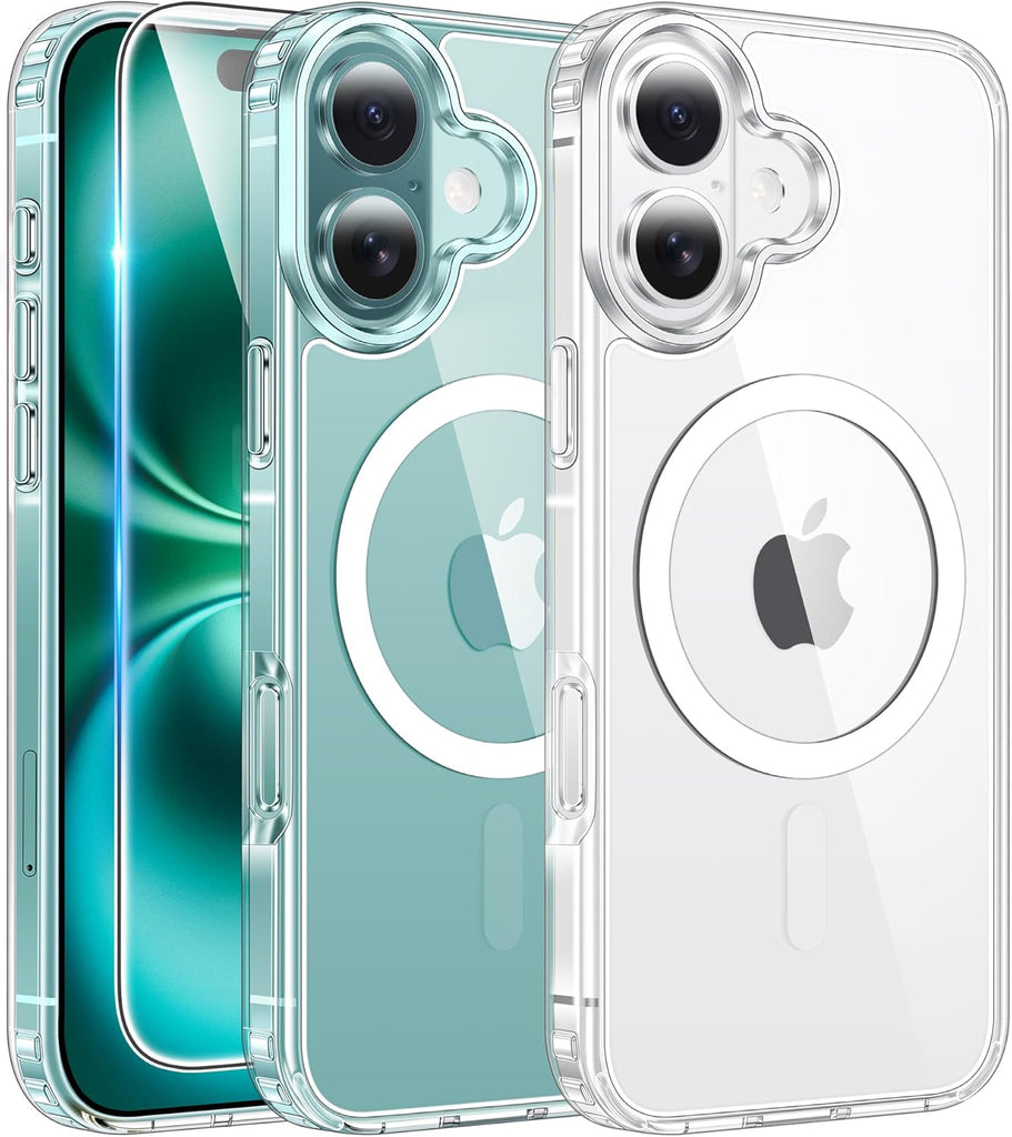 FNTCASE for iPhone 15 Case Clear: iPhone 14/13 Case Magnetic Phone Cases with Screen Protector Compatible with Magsafe Slim Anti Yellowing Rugged Protective Transparent Cell Cover (A-Clear)