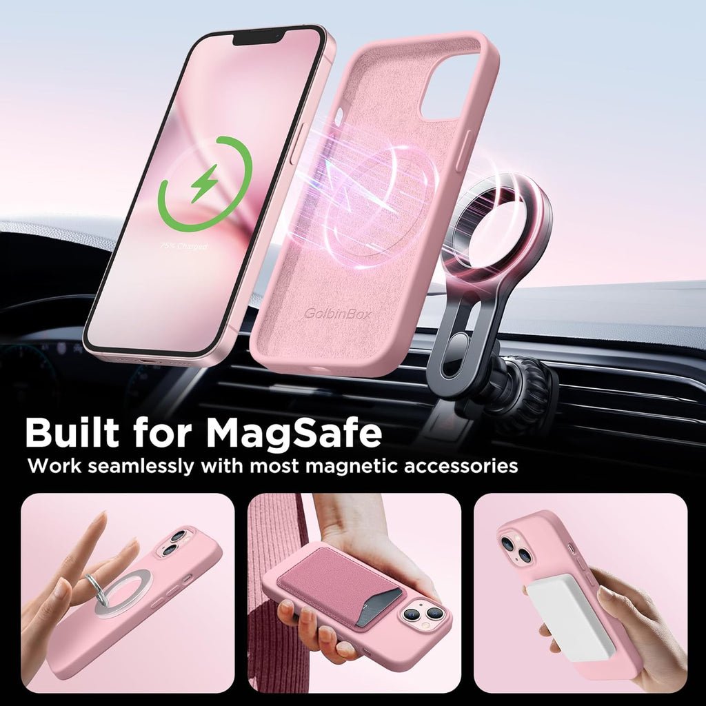 GolbinBox Magnetic for iPhone 13 Case & iPhone 14 Case, Compatible with MagSafe, [Soft Anti-Scratch Microfiber Lining], Slim Liquid Silicone Shockproof Protective Phone Case 6.1 inch, Chalk Pink