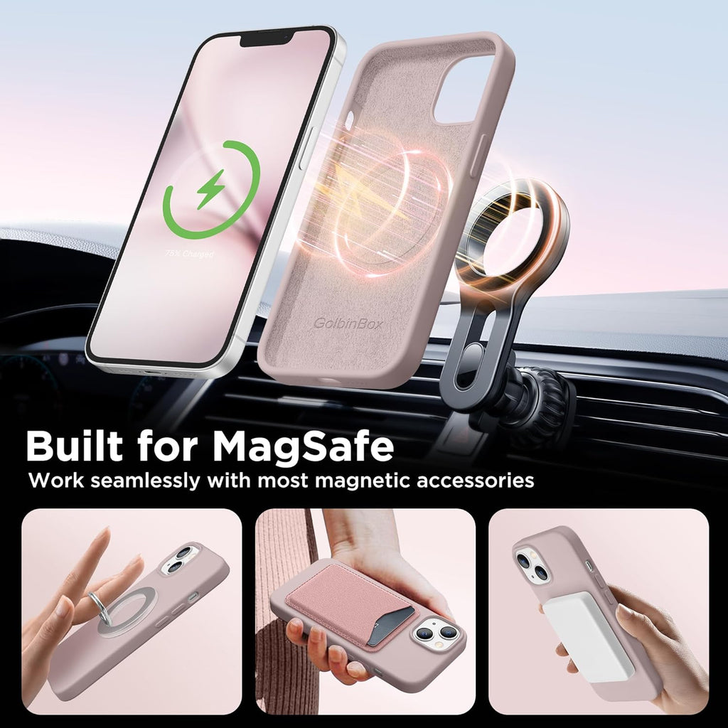 GolbinBox Magnetic for iPhone 13 Case & iPhone 14 Case, Compatible with MagSafe, [Soft Anti-Scratch Microfiber Lining], Slim Liquid Silicone Shockproof Protective Phone Case 6.1 inch, Chalk Pink