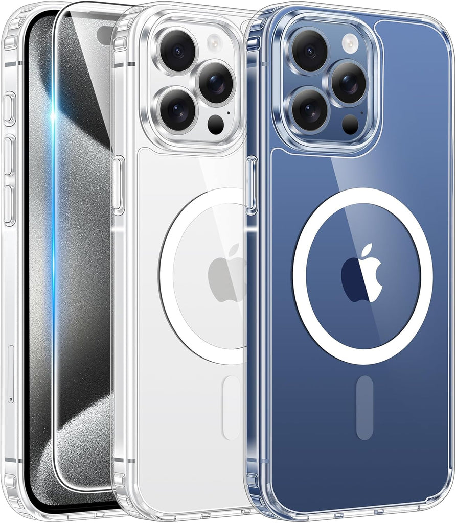 FNTCASE for iPhone 15 Case Clear: iPhone 14/13 Case Magnetic Phone Cases with Screen Protector Compatible with Magsafe Slim Anti Yellowing Rugged Protective Transparent Cell Cover (A-Clear)