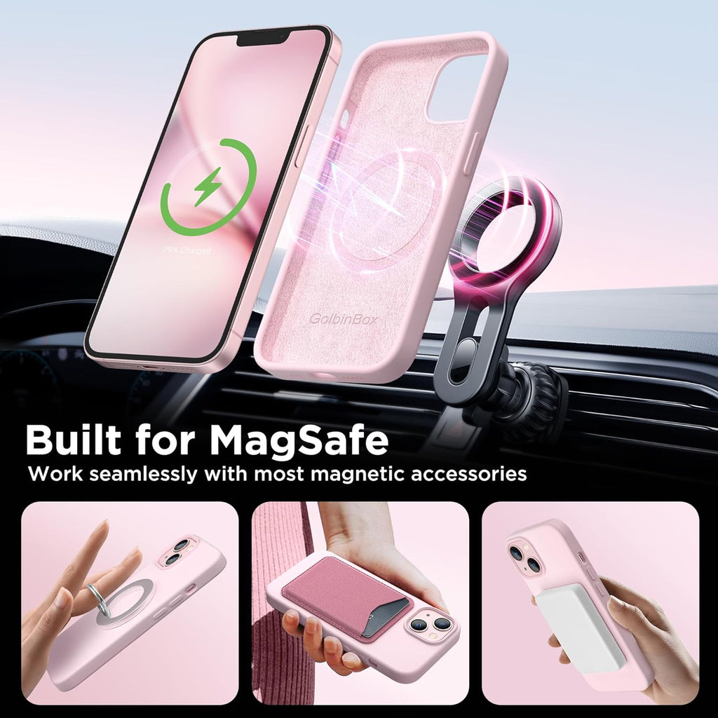 GolbinBox Magnetic for iPhone 13 Case & iPhone 14 Case, Compatible with MagSafe, [Soft Anti-Scratch Microfiber Lining], Slim Liquid Silicone Shockproof Protective Phone Case 6.1 inch, Chalk Pink