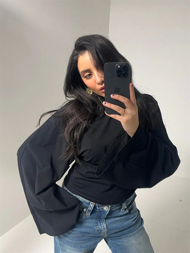 Women Solid Color Round Neck Front Shoulder Wide Long Sleeves Cinched Waist Slim Crop Top Daily Casual Simple Versatile Tops