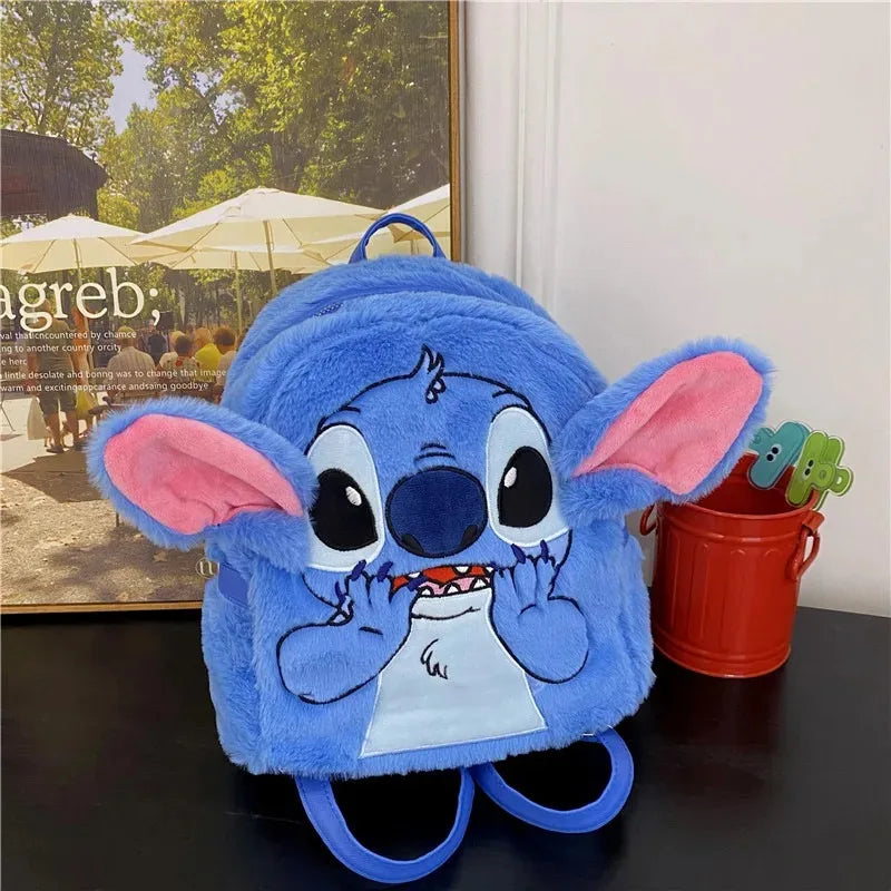 Disney 2025 New Cartoon Plush Doll Shoulder Bag Sweet and Cute Stitch Strawberry Bear Soft Cute Girls Handbag