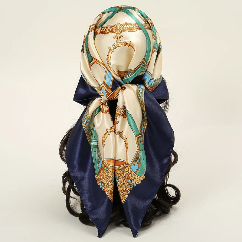 Square satin scarf for Muslim women, elegant hijab, 2025 print silk scarf, shawl wrap, headband, hair accessory.