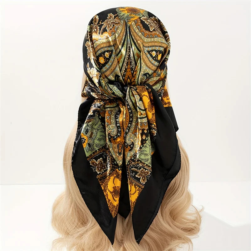 Square satin scarf for Muslim women, elegant hijab, 2025 print silk scarf, shawl wrap, headband, hair accessory.