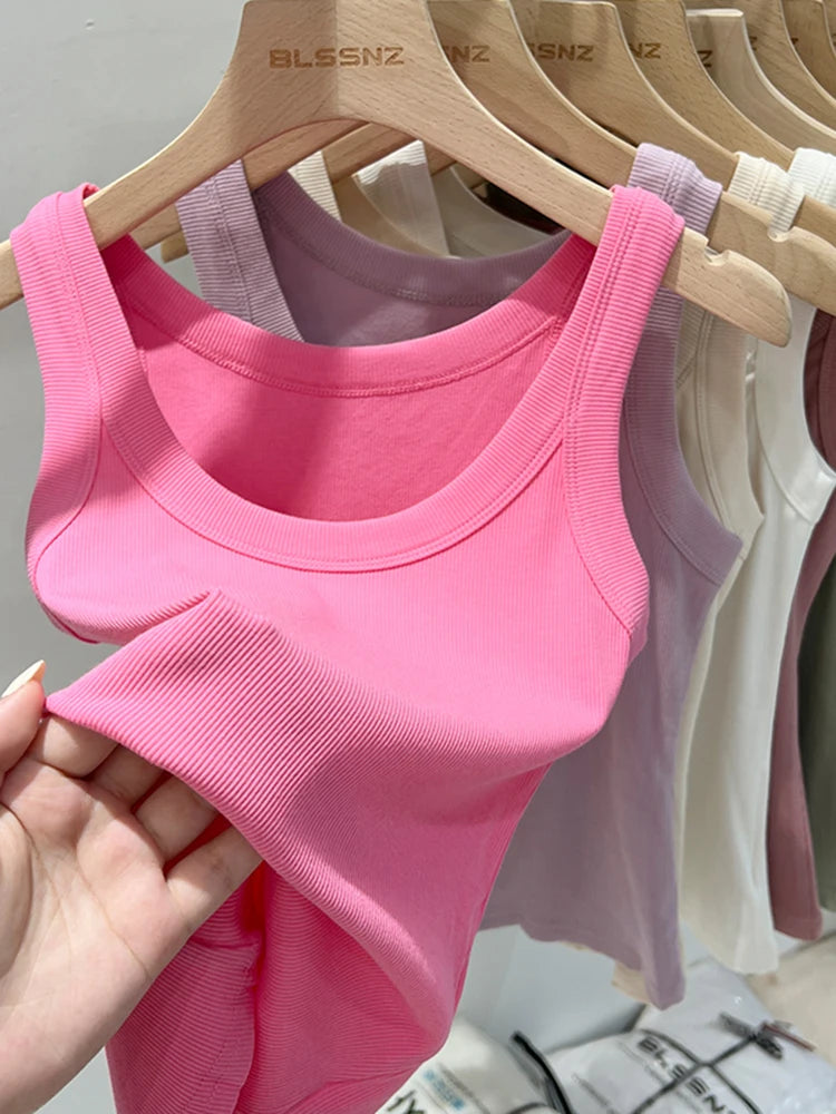 Zjaiss Women Solid Round Neck Ribbed Tank Top Camisole Women 2025 Summer Basic Elastic Tank Top O Neck Solid Tank Top