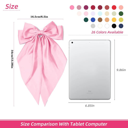 Women's pink bow hair clip, large white satin bow, long tail alligator clip, big hair bow girl suitable for birthday wedding dan