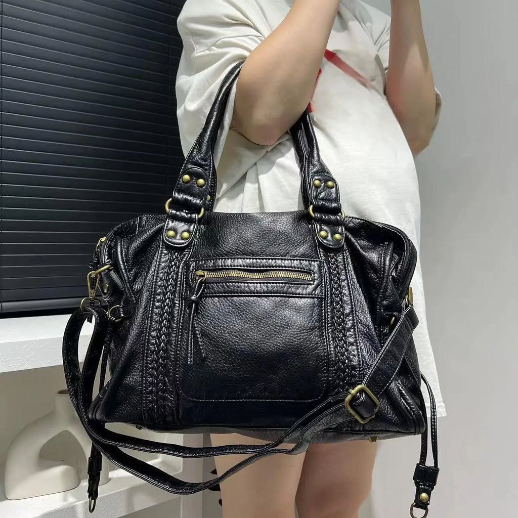 Women's fashion retro Y2K hot girl motorcycle bag large capacity washed distressed shoulder crossbody handbag