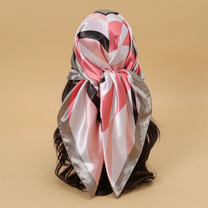 Square satin scarf for Muslim women, elegant hijab, 2025 print silk scarf, shawl wrap, headband, hair accessory.