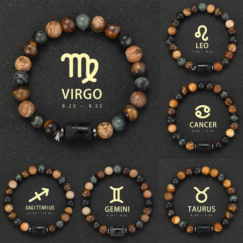 12 Zodiac Bracelets Natural Stone Cancer Virgo Leo Libra Bracelet Couples Friendship Gifts Bracelets Jewelry pulsera hombre