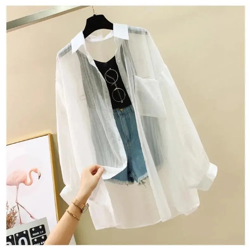Sunscreen clothing for women, thin cut perspective chiffon shirt, Korean Harajuku loose top, casual women's cardigan top