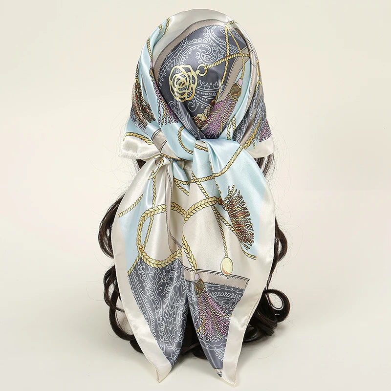 Square satin scarf for Muslim women, elegant hijab, 2025 print silk scarf, shawl wrap, headband, hair accessory.
