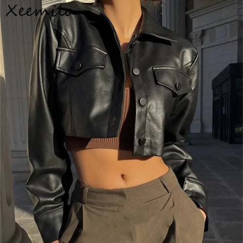 WhereMery Faux Leather Short Jacket Y2K Turn-down Collar Fashion Botton Decoration PU Coat 2025 Grunge Street Casual Women Coats
