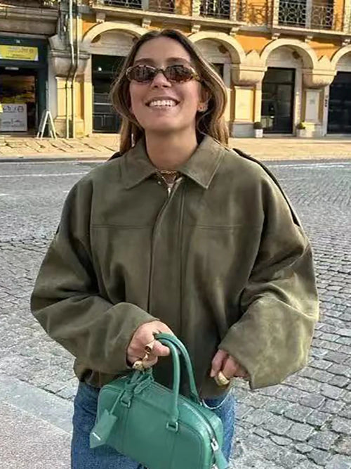 Vintage Women Green Oversize Bomber Jackets 2025 Fashion Ladies Elegant Loose Soft Outfits Jacket for Party Female Chic Clothes