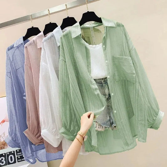 Sunscreen clothing for women, thin cut perspective chiffon shirt, Korean Harajuku loose top, casual women's cardigan top