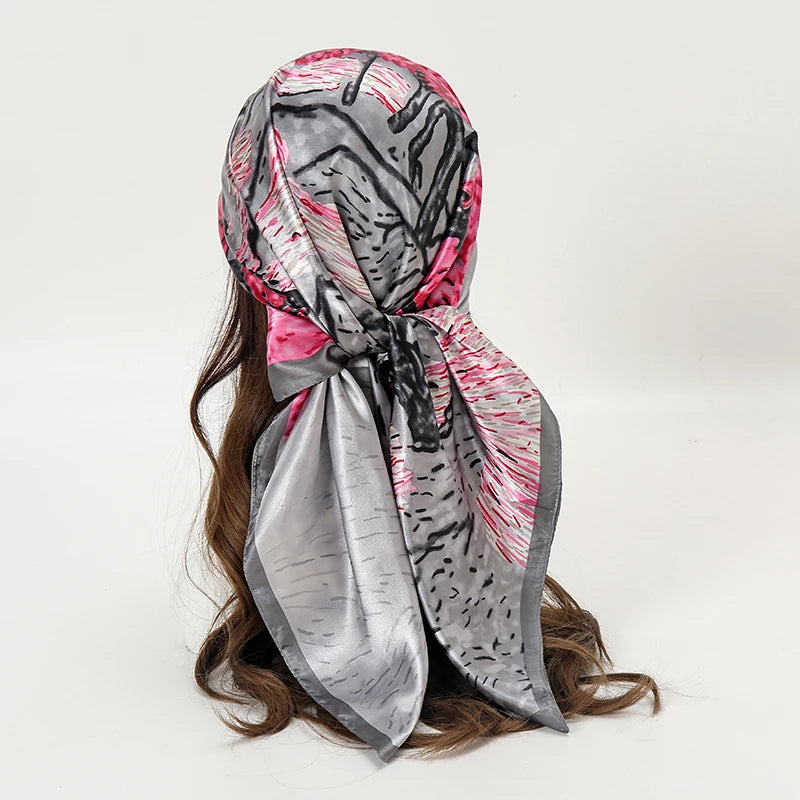 Square satin scarf for Muslim women, elegant hijab, 2025 print silk scarf, shawl wrap, headband, hair accessory.