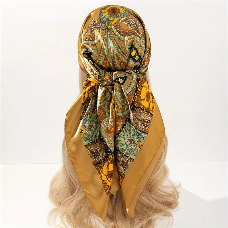 Square satin scarf for Muslim women, elegant hijab, 2025 print silk scarf, shawl wrap, headband, hair accessory.