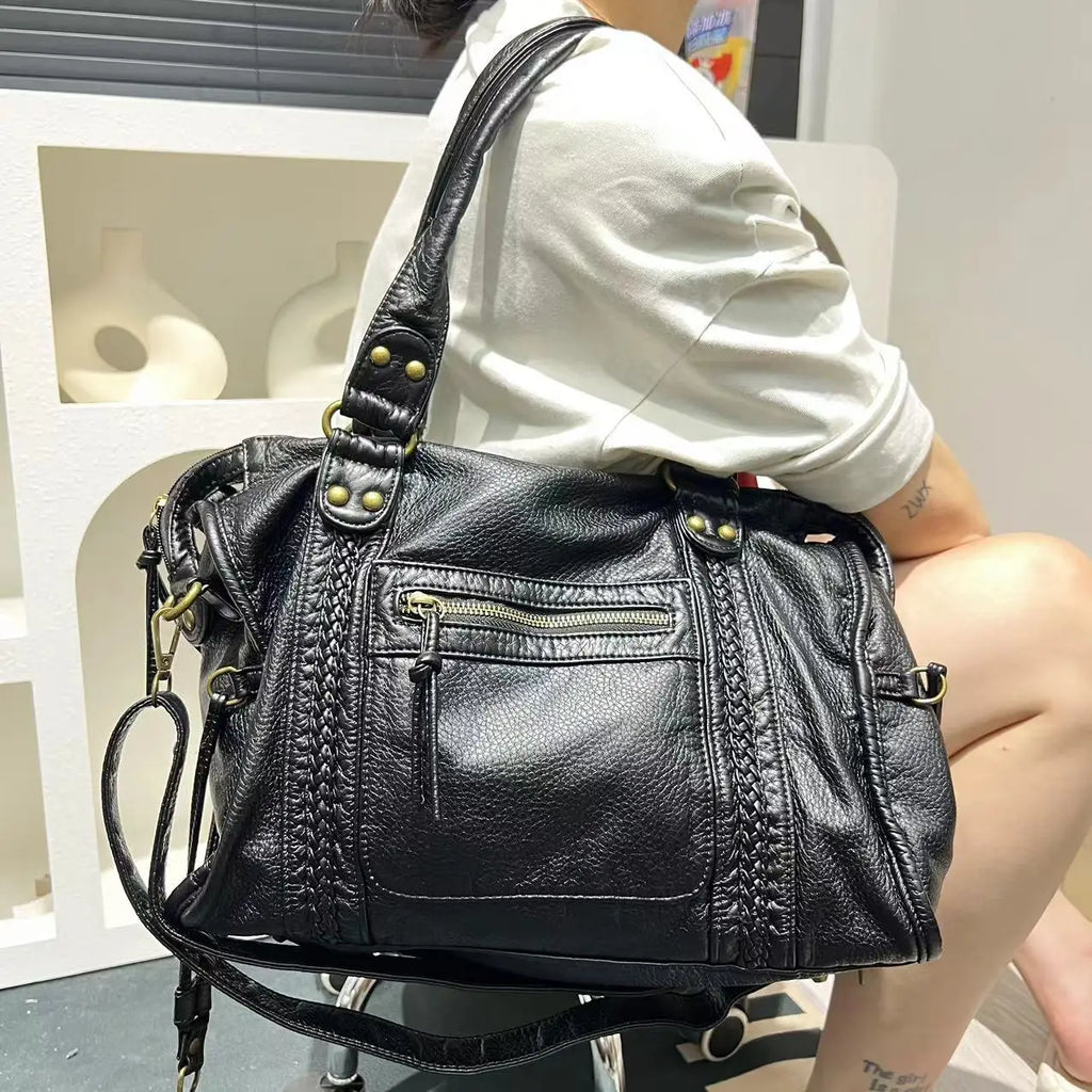 Women's fashion retro Y2K hot girl motorcycle bag large capacity washed distressed shoulder crossbody handbag