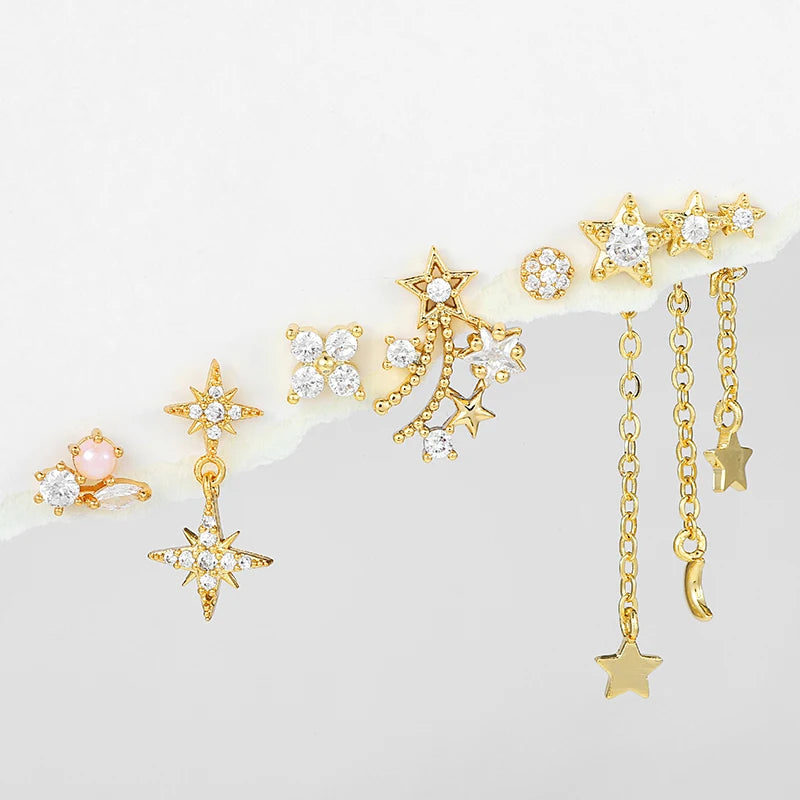 Shiny Star Moon Chain Drop Dangle Earrings for Women Fine Cubic Zircon Piercing Stud Earring Set Woman Y2K Jewelry Accessories
