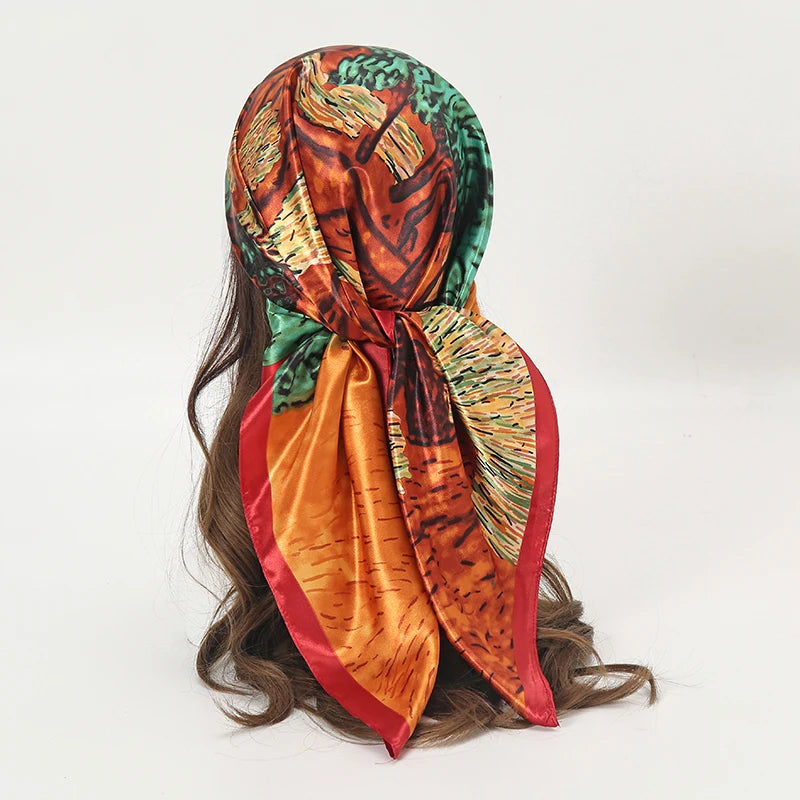 Square satin scarf for Muslim women, elegant hijab, 2025 print silk scarf, shawl wrap, headband, hair accessory.