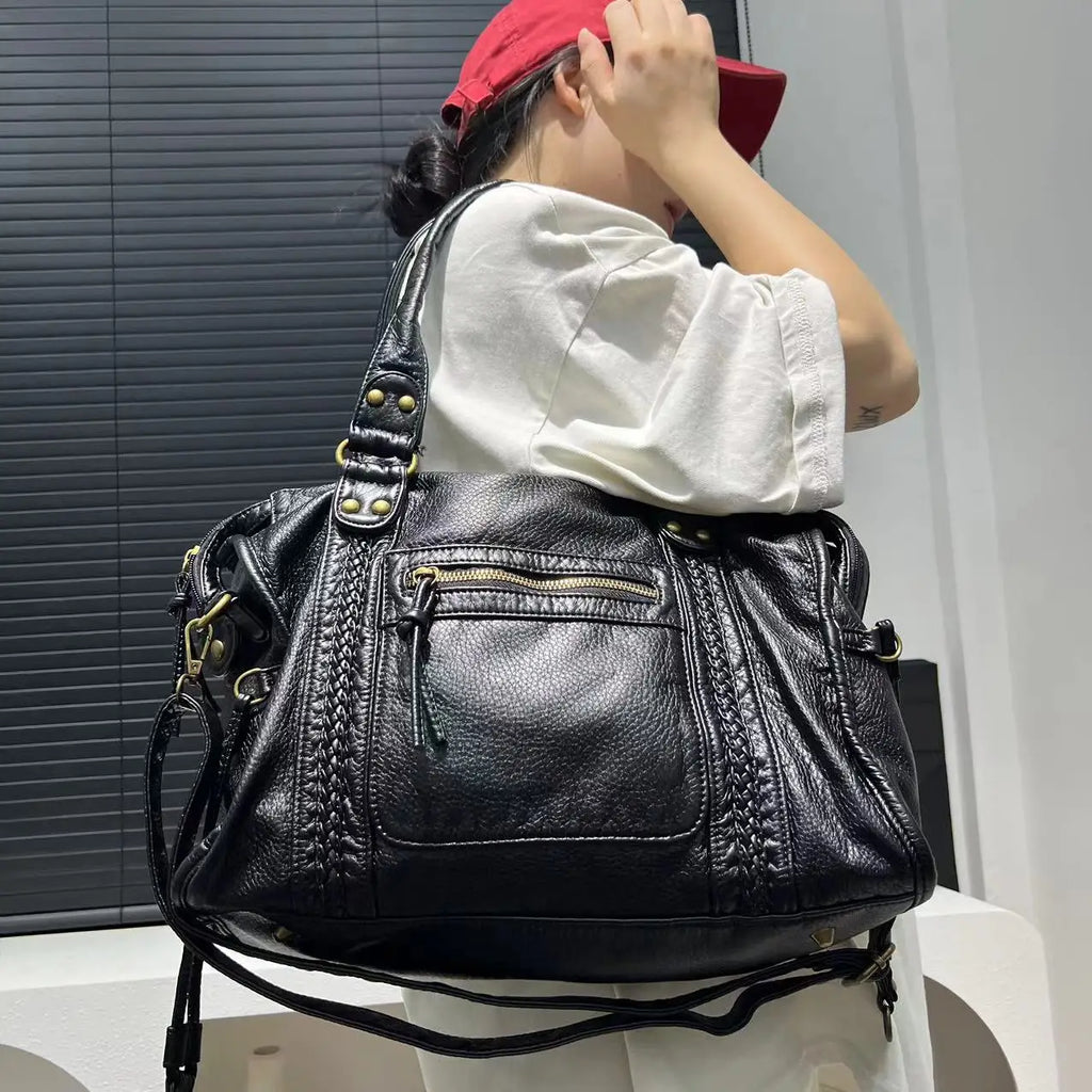 Women's fashion retro Y2K hot girl motorcycle bag large capacity washed distressed shoulder crossbody handbag