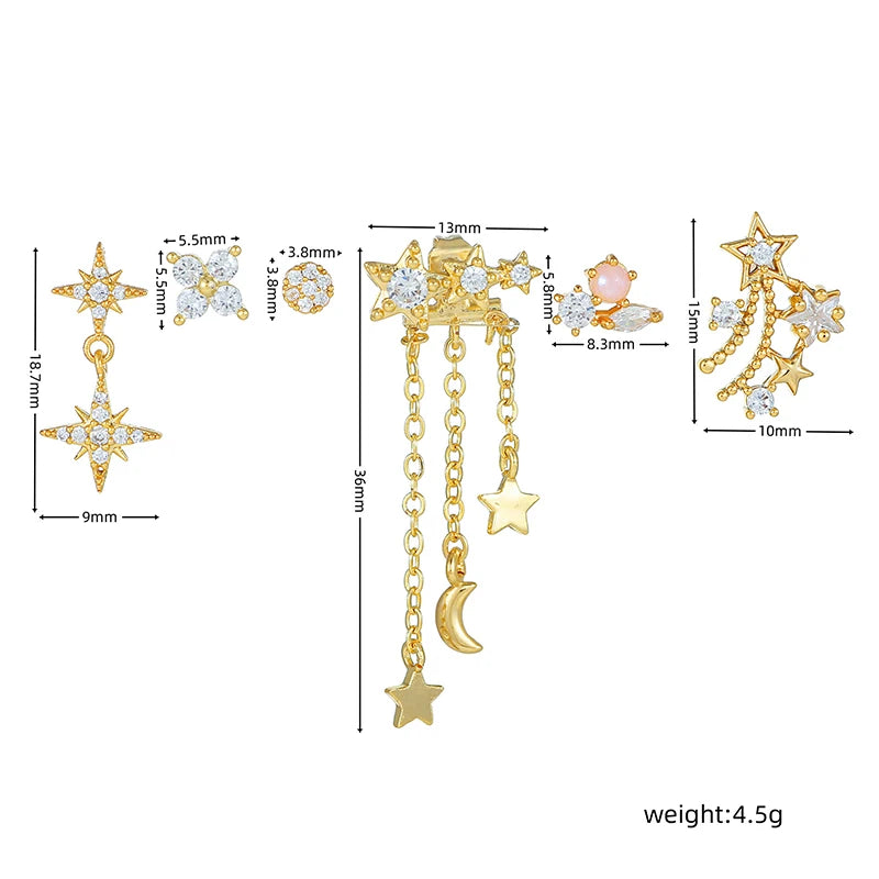 Shiny Star Moon Chain Drop Dangle Earrings for Women Fine Cubic Zircon Piercing Stud Earring Set Woman Y2K Jewelry Accessories