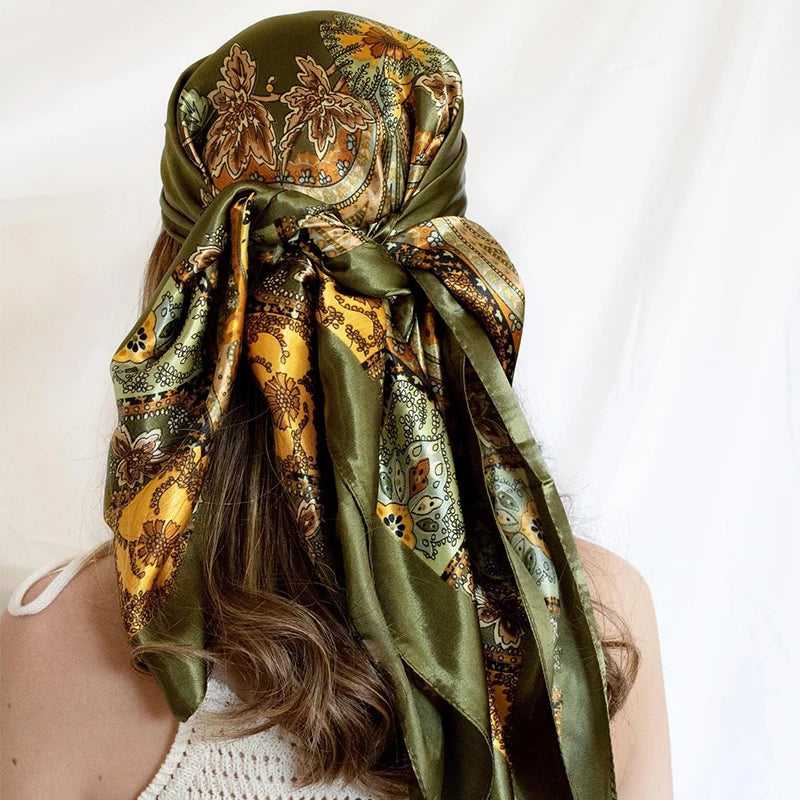 Square satin scarf for Muslim women, elegant hijab, 2025 print silk scarf, shawl wrap, headband, hair accessory.