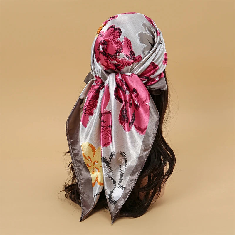 Square satin scarf for Muslim women, elegant hijab, 2025 print silk scarf, shawl wrap, headband, hair accessory.