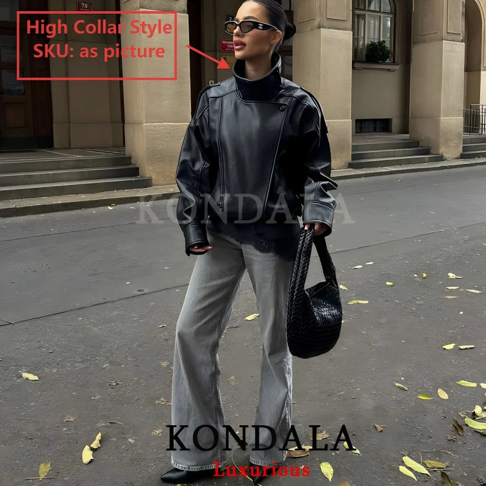 KONDALA Casual Chic Black Leather Jackets Women Long Sleeve Buttons Elastic Oversized Coats Fashion 2025 Fall Streetwear Coats
