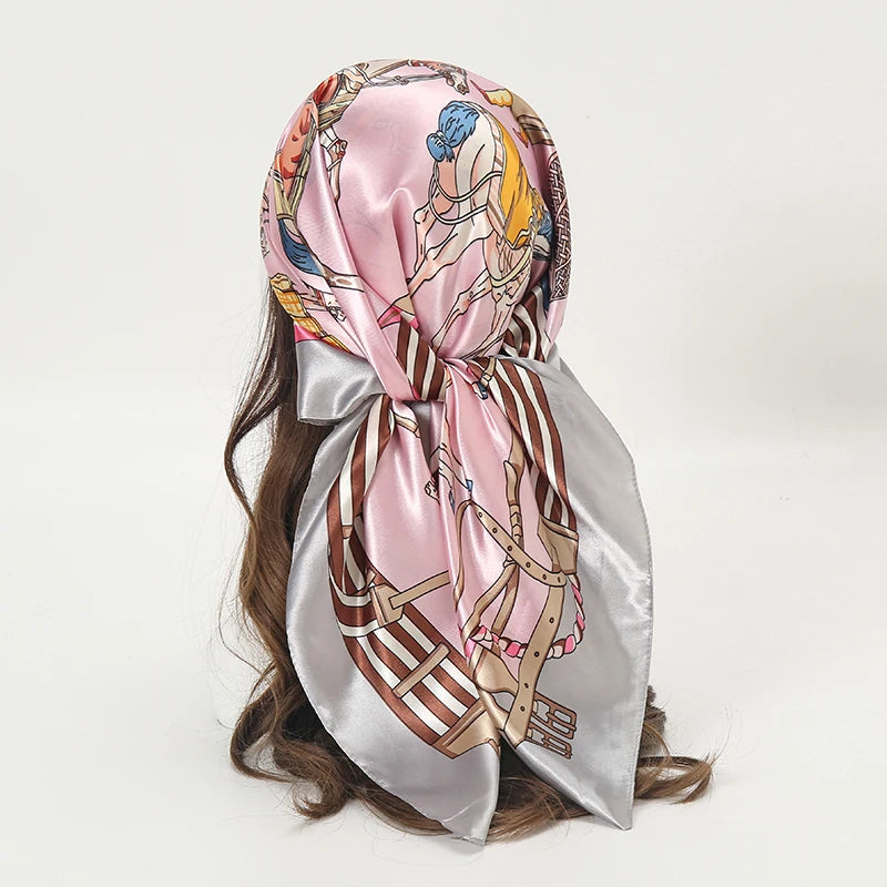 Square satin scarf for Muslim women, elegant hijab, 2025 print silk scarf, shawl wrap, headband, hair accessory.