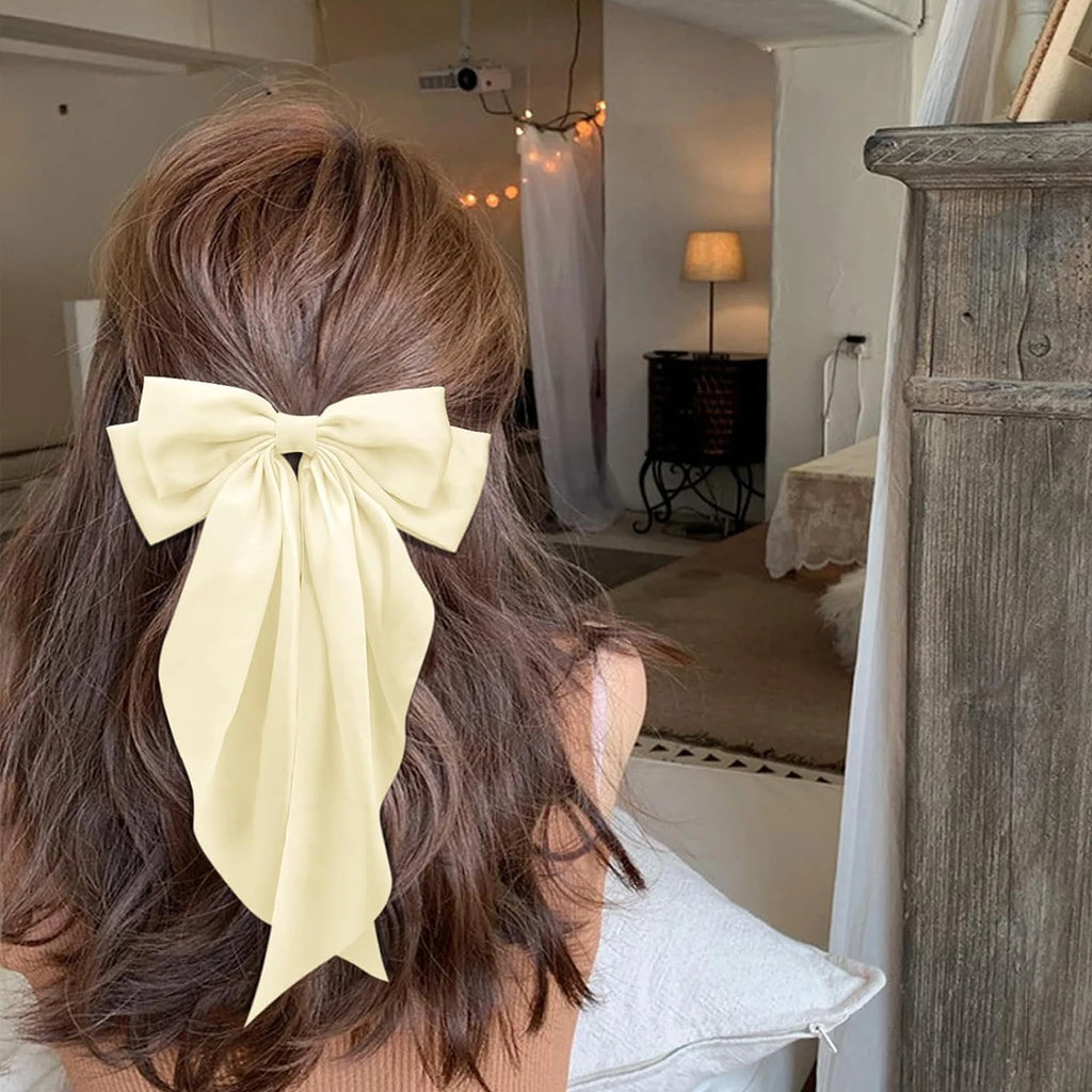 Women's pink bow hair clip, large white satin bow, long tail alligator clip, big hair bow girl suitable for birthday wedding dan