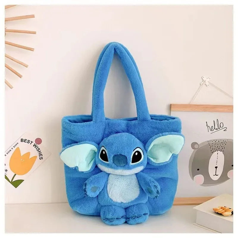 Disney 2025 New Cartoon Plush Doll Shoulder Bag Sweet and Cute Stitch Strawberry Bear Soft Cute Girls Handbag