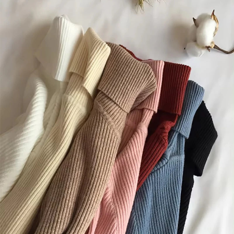 2025 Autumn Winter Thick Sweater Women Knitted Ribbed Pullover Sweater Long Sleeve Turtleneck Slim Jumper Soft Warm Pull Femme