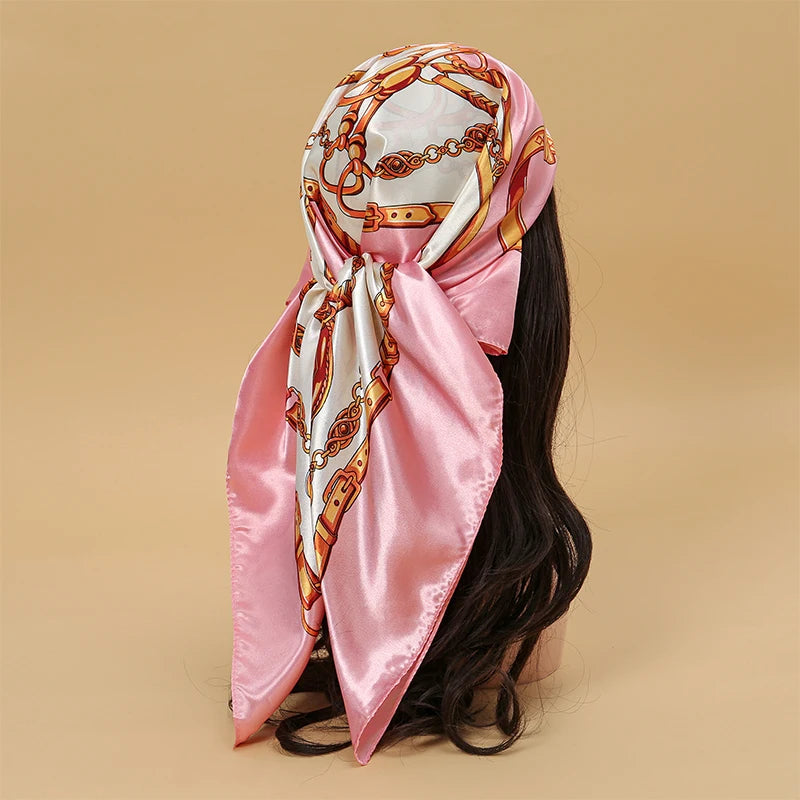 Square satin scarf for Muslim women, elegant hijab, 2025 print silk scarf, shawl wrap, headband, hair accessory.