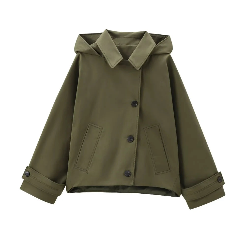 Autumn new European and American style hooded long sleeved lapel jacket single breasted trench coat short jacket