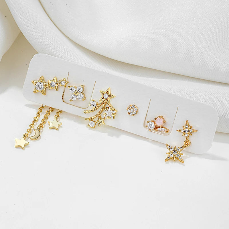 Shiny Star Moon Chain Drop Dangle Earrings for Women Fine Cubic Zircon Piercing Stud Earring Set Woman Y2K Jewelry Accessories