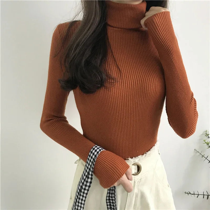 2025 Autumn Winter Thick Sweater Women Knitted Ribbed Pullover Sweater Long Sleeve Turtleneck Slim Jumper Soft Warm Pull Femme
